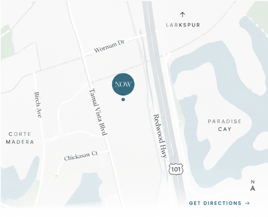 Minimal map showing NOW Power Yoga on Tamal Vista Boulevard in Corte Madera